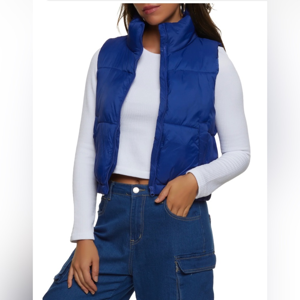Solid Blue Faux Patent Leather Puffer Vest